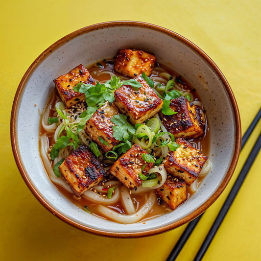 Eine Schüssel Nudelsuppe mit gegrilltem Tofu, Kräutern und Bio Lemon Shoyu Tare.