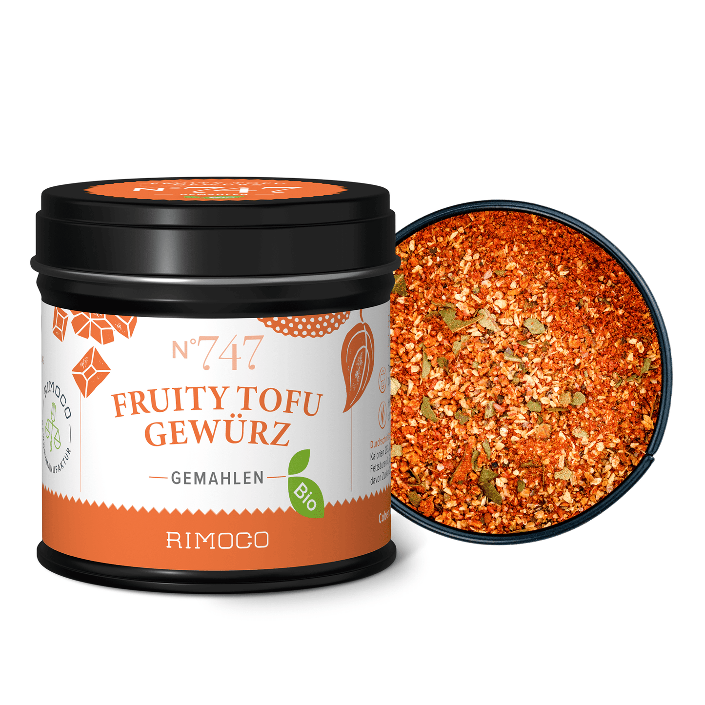 Gewürzdose mit Aufschrift Bio Fruity Tofu