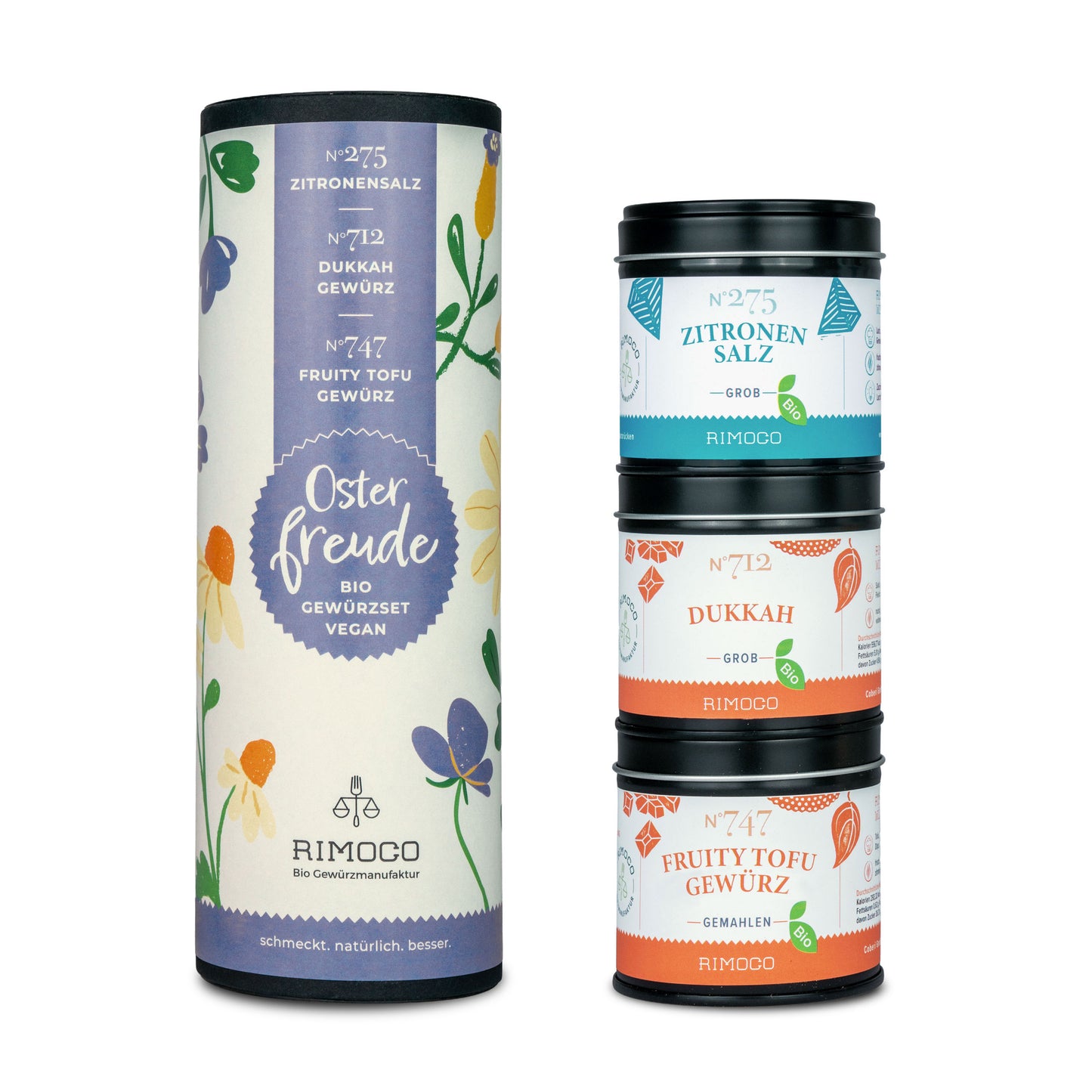 Geschenkset Osterfreude: Bio Zitronensalz grob, Dukkah Mischung und Tofu-Gewürz im floralen Design.