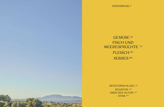 Blauer Himmel, ferne Berge; gelber Abschnitt zeigt Inhaltsverzeichnis von Die spanische Landküche auf Deutsch.