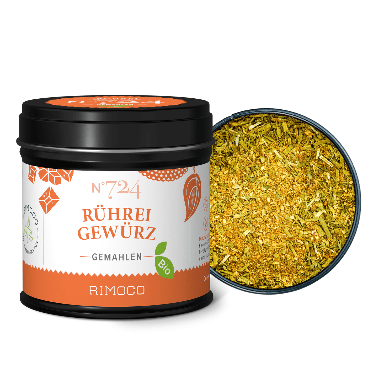 Geöffnete Dose mit leuchtend gelb-grünem, grobem Gewürz.