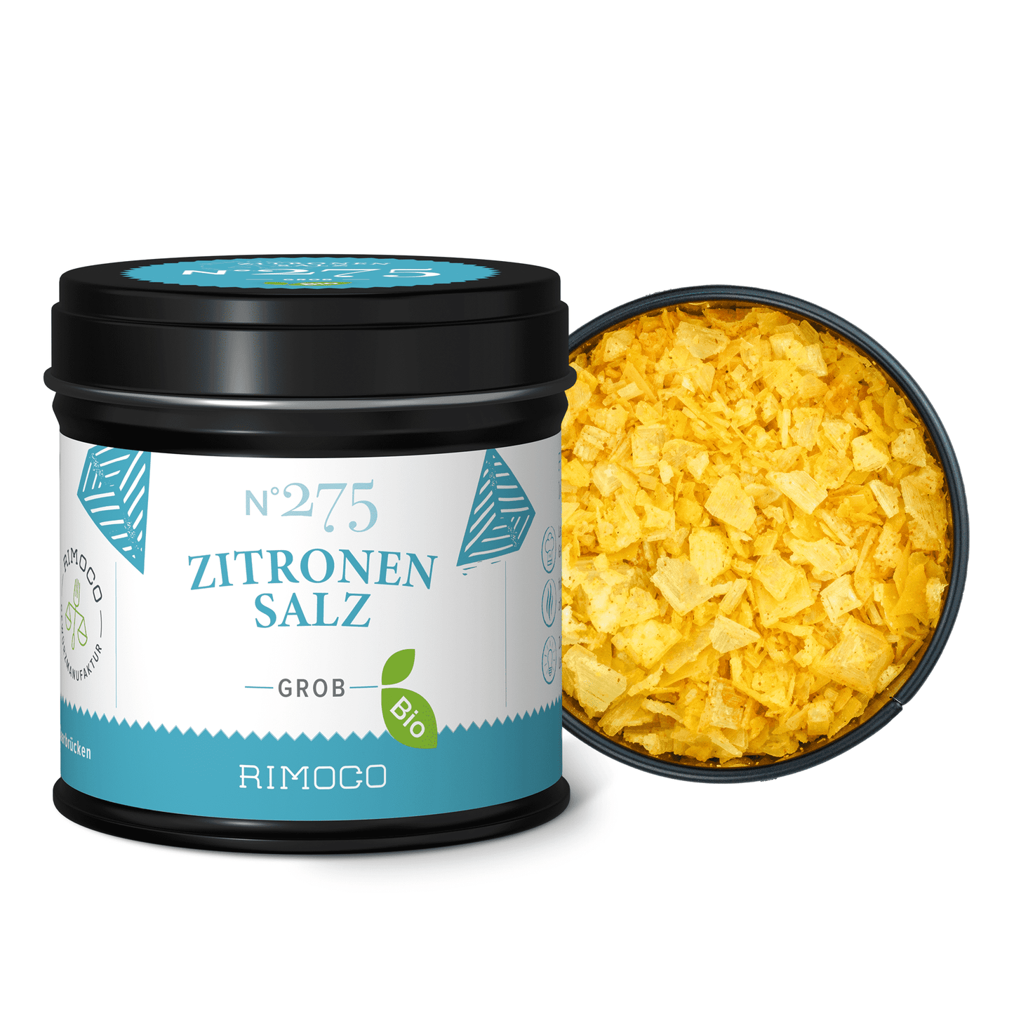 Dose, enthalten im Geschenkset Osterfreude, zeigt grobes gelbes Zitronensalz im offenen Behälter.