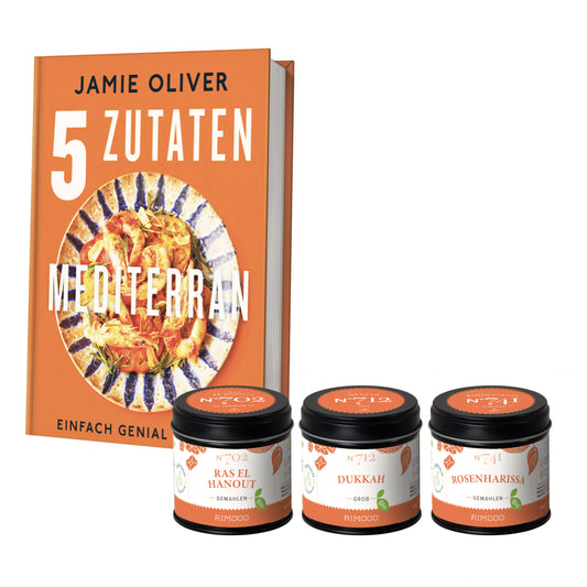 Jamie Oliver 5 Zutaten Mediterran Set mit sichtbaren Bio-Gewürzmischungen in Gläsern.