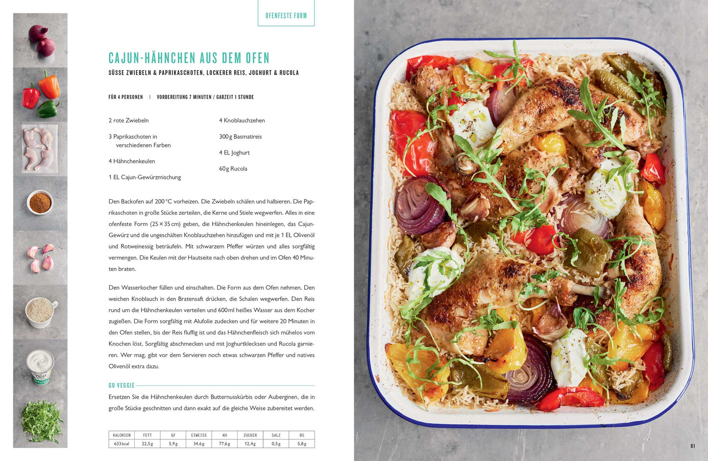 Gebackenes Cajun-Hähnchen mit Paprika und Kräutern in weißer Schale, daneben Geschenkset ONE.