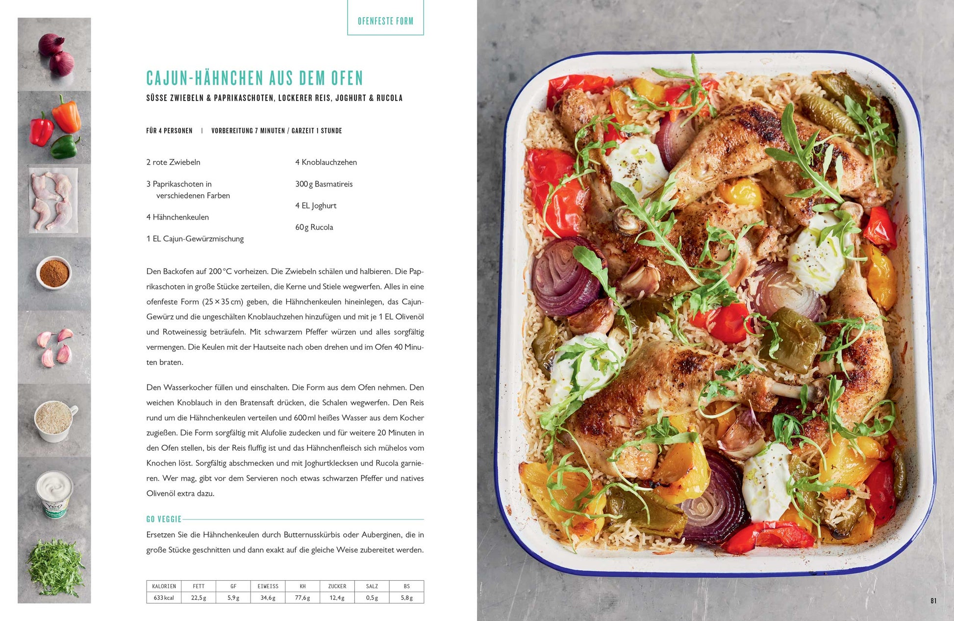 Gebackenes Cajun-Hähnchen mit Paprika und Kräutern in weißer Schale, daneben Geschenkset ONE.