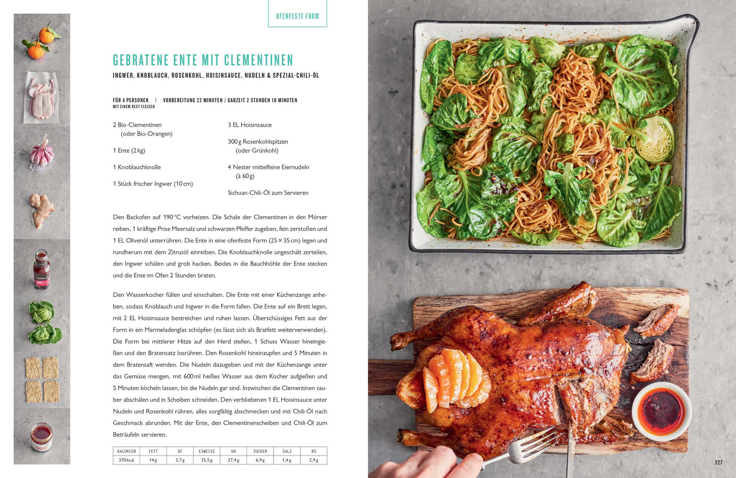 Eine Bratenente mit Clementinen, Nudelsalat und Rezeptheft aus Geschenkset ONE von Jamie Oliver.