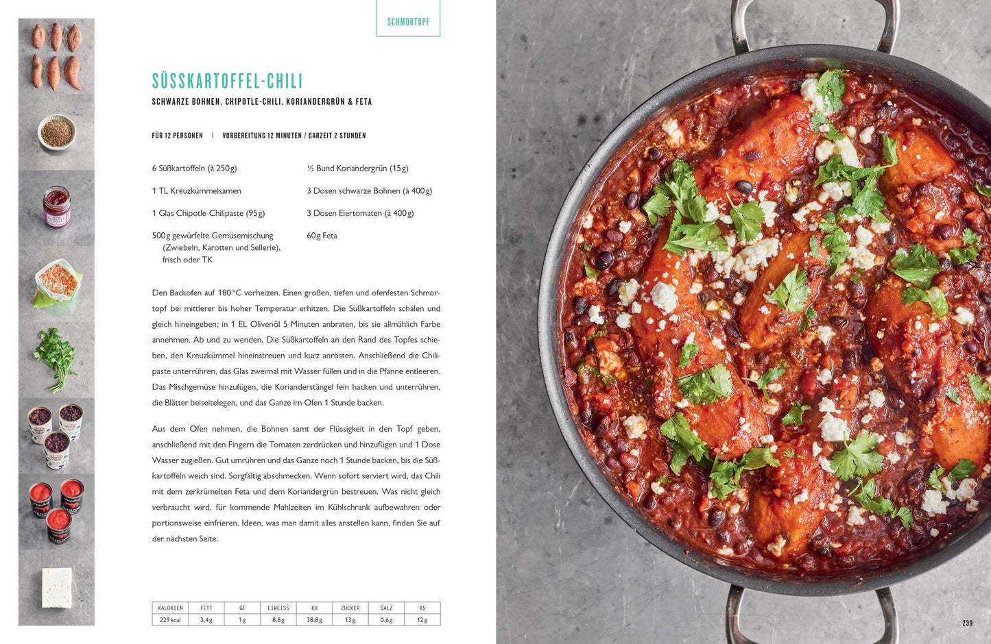 Süßkartoffel-Chili von oben, mit Koriander und Käse bestreut, daneben Geschenkset ONE von Jamie Oliver.