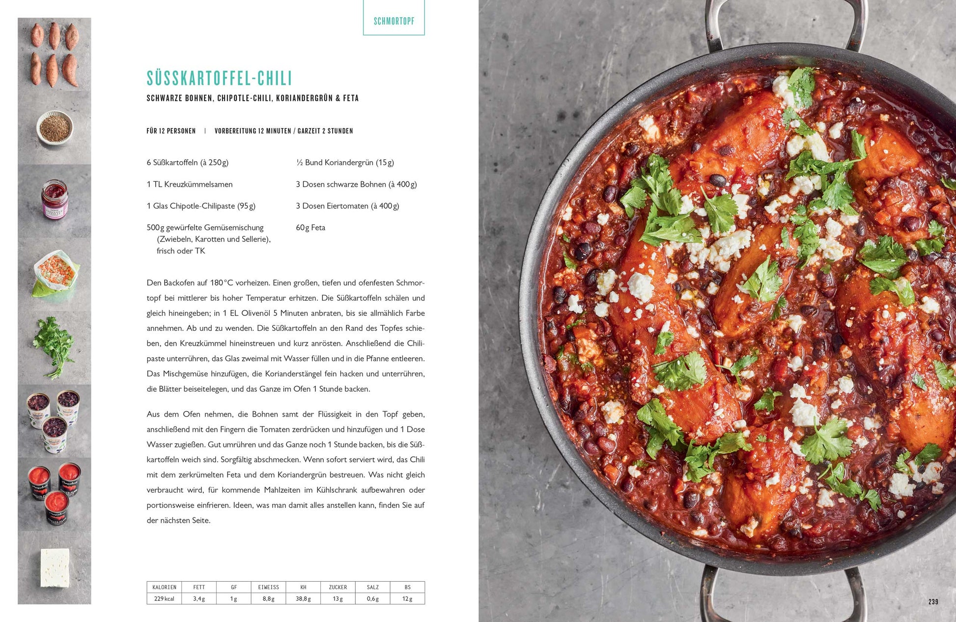 Süßkartoffel-Chili von oben, mit Koriander und Käse bestreut, daneben Geschenkset ONE von Jamie Oliver.
