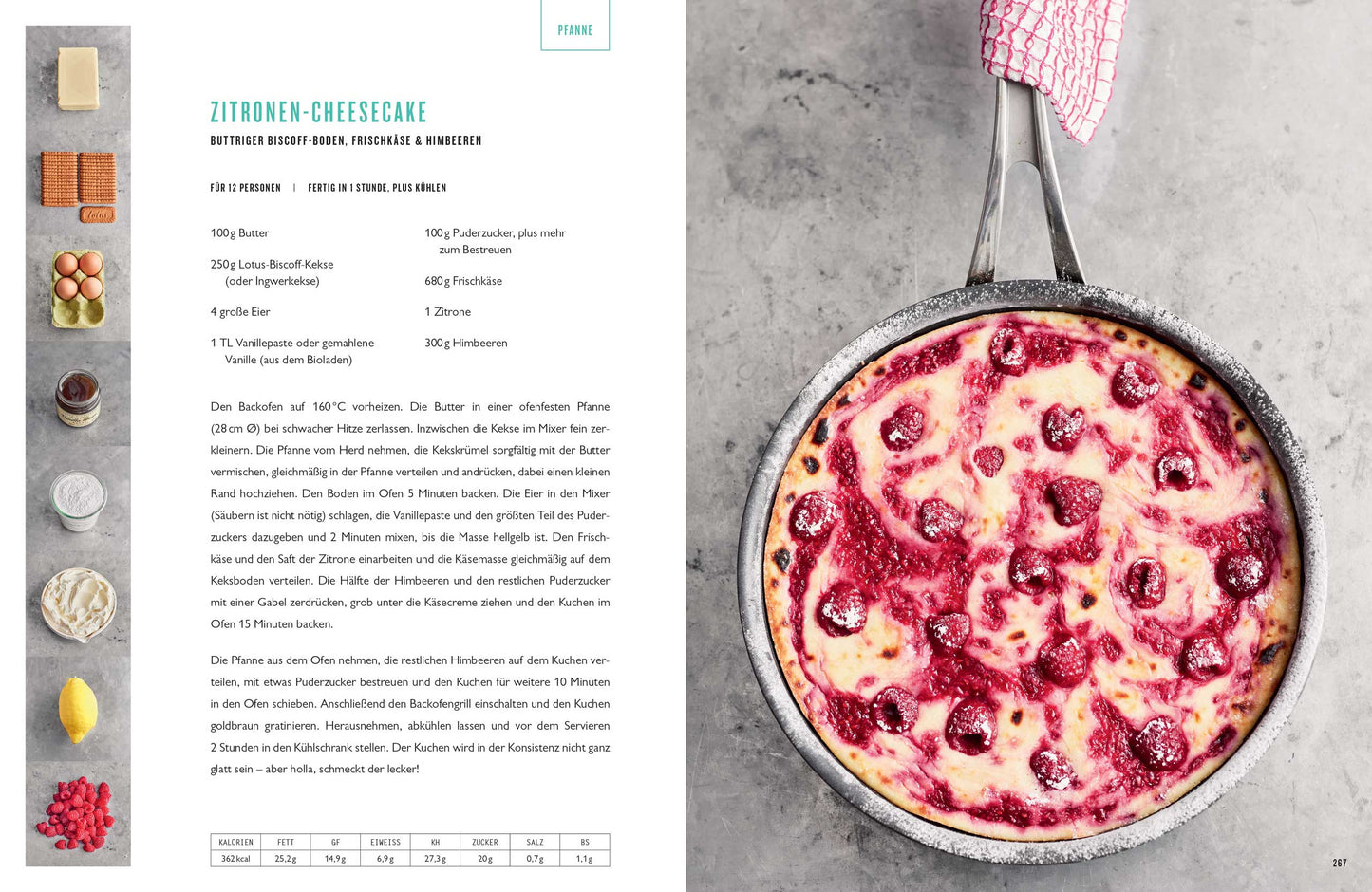 Himbeer-Zitronen-Käsekuchen in einer Form, daneben Geschenkset ONE von Jamie Oliver auf hellem Untergrund.
