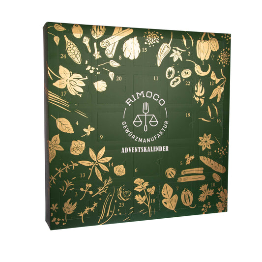 Bio Gewürz Adventskalender mit grünem Rand und goldenen Abbildungen von Kräutern, Gemüse und Gewürzen.