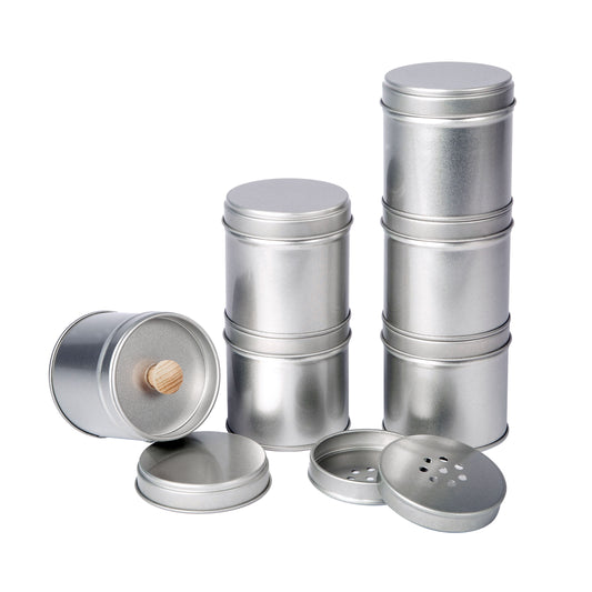 12 silberne Gewürzdosen mit Aromadeckel inkl. 12 Etiketten