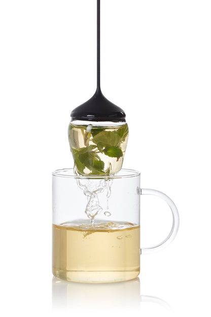 Glas-Teefilter Fusion von AdHoc mit frischen Minzblättern in einem Borosilikatglas-Becher.