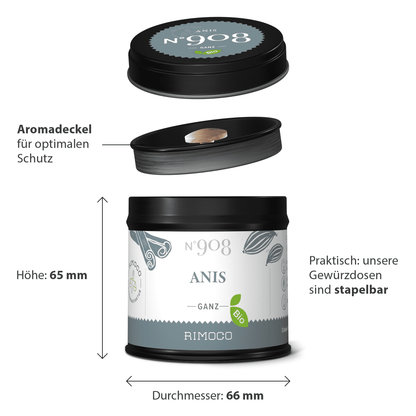 Runde Dose Bio Anis ganz mit schwarzem Deckel und Produktangaben auf Deutsch.