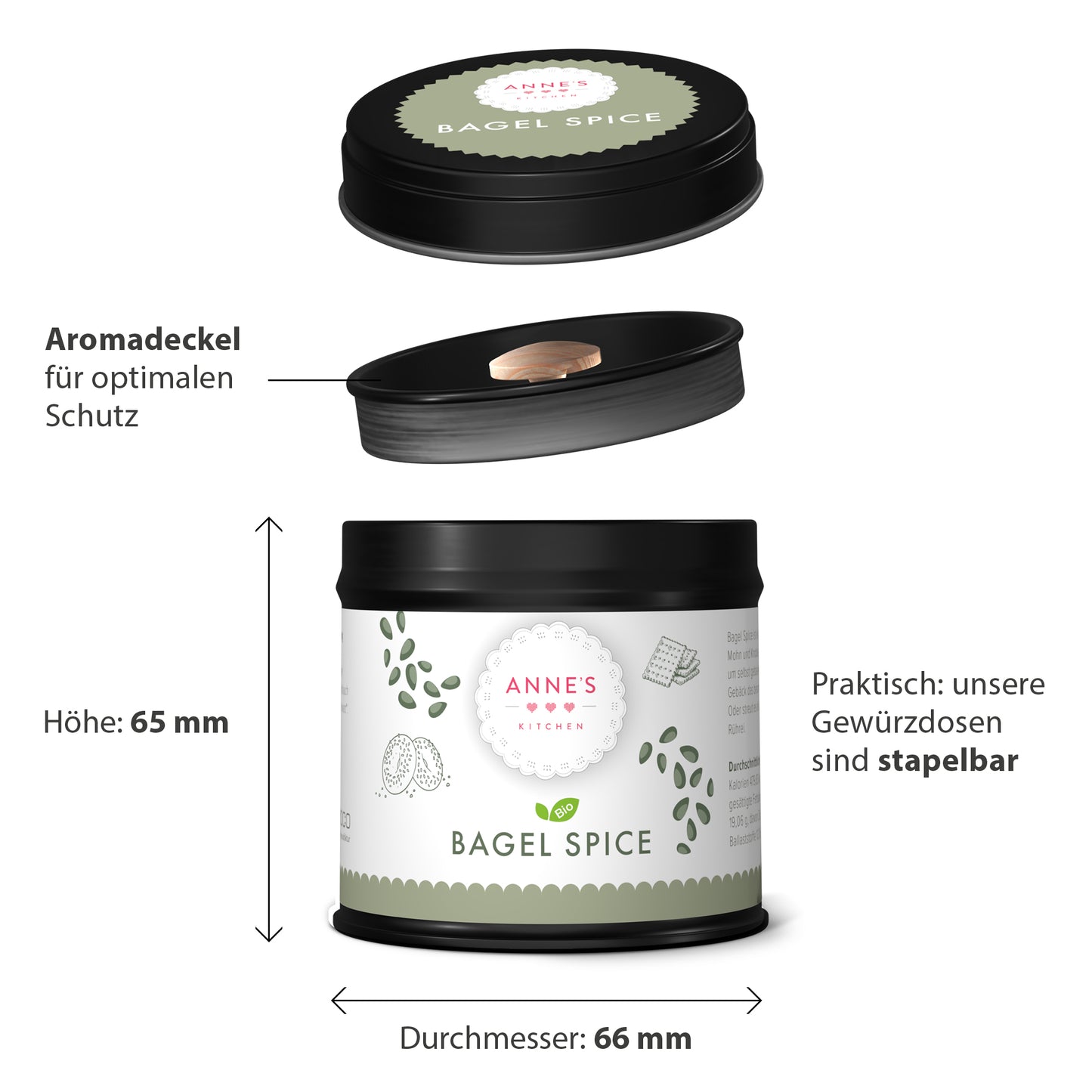 Eine runde Dose Annes Bagel Spice mit schwarzem Deckel und sichtbarem Etikett.