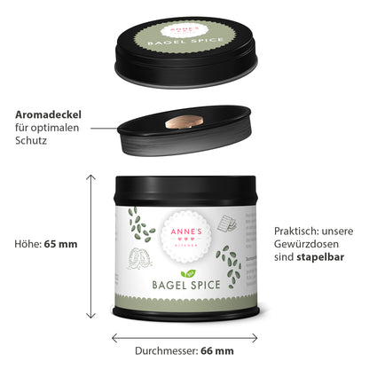 Eine runde Dose Annes Bagel Spice mit schwarzem Deckel und sichtbarem Etikett.