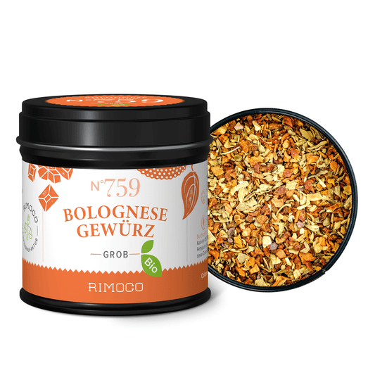Bio Bolognese Gewürz Dose mit sichtbarem offenen Deckel.