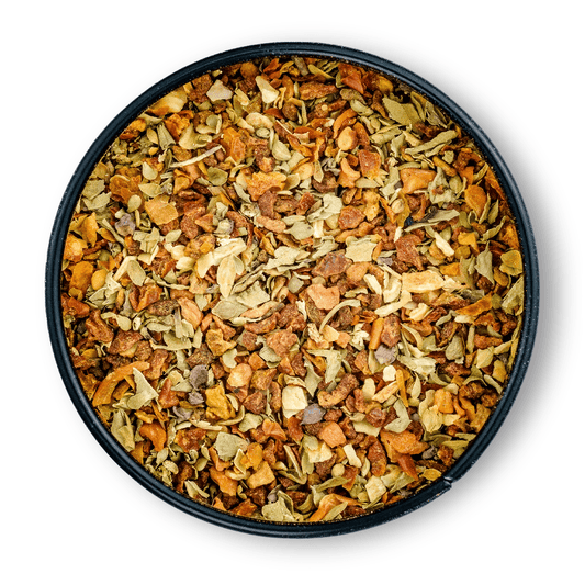 Runde Dose Bio Bolognese Gewürz, bunte Kräuter- und Gewürzmischung von oben gesehen.