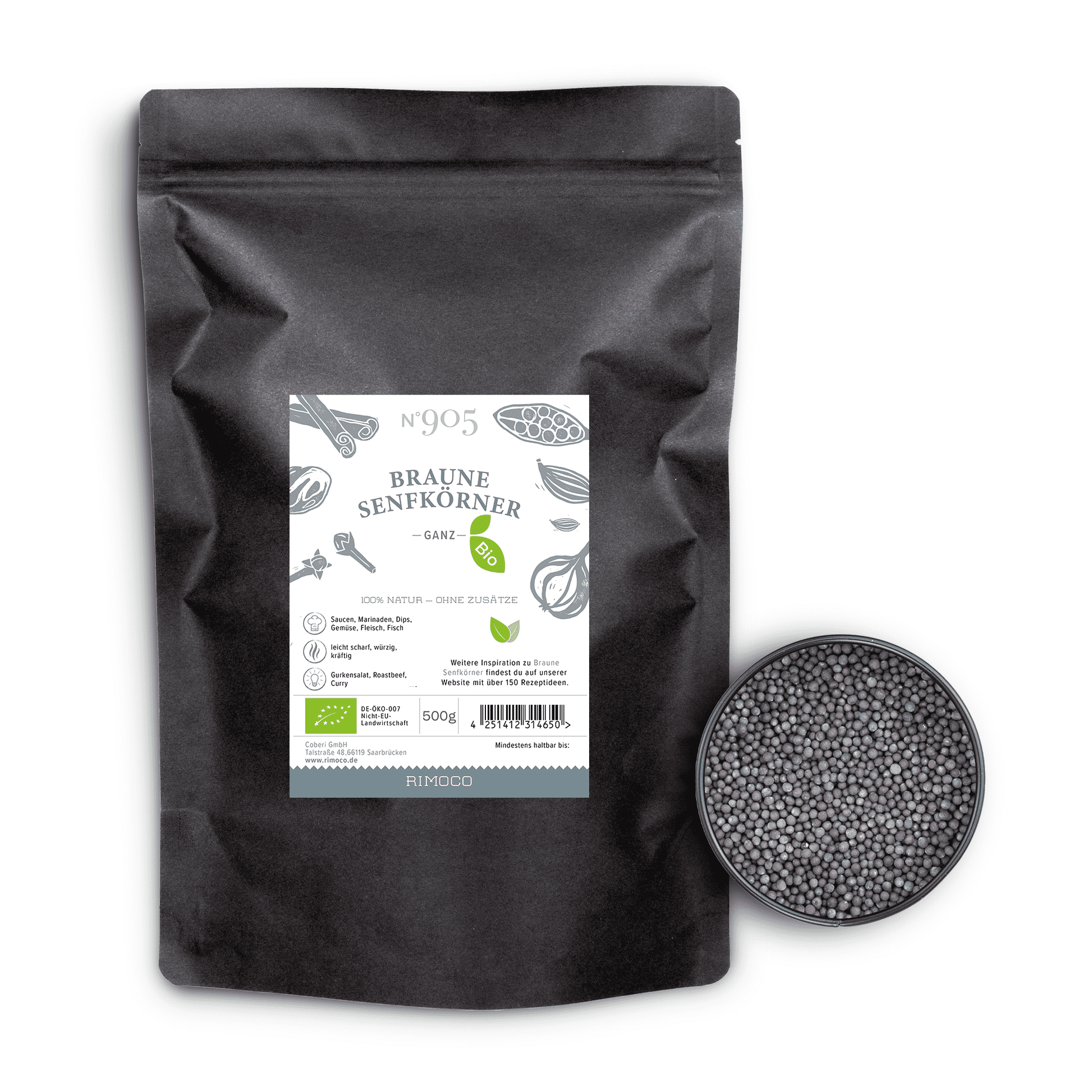 Bio Braune Senfkörner in schwarzer Packung mit einer Schale brauner Senfkörner daneben.