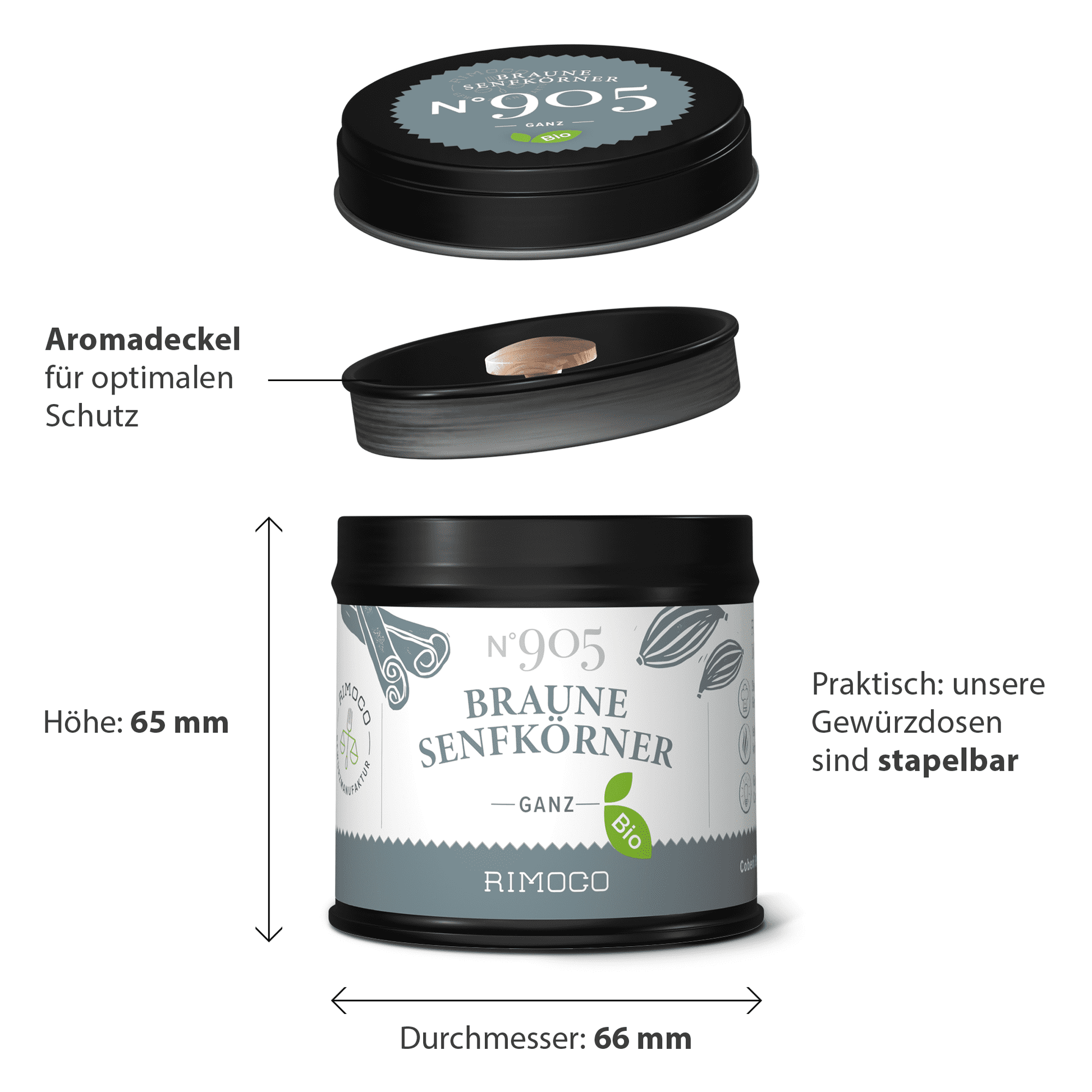 Schwarze stapelbare Dose Bio Braune Senfkörner, Maße aufgedruckt.