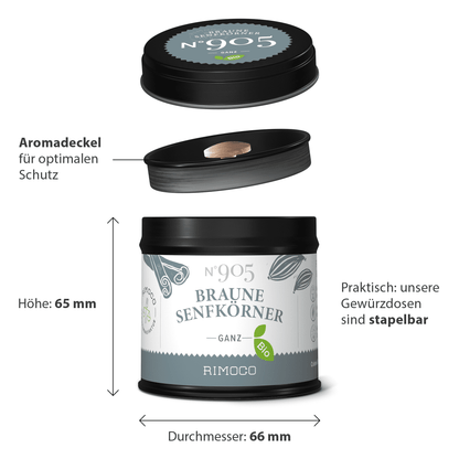 Schwarze stapelbare Dose Bio Braune Senfkörner, Maße aufgedruckt.
