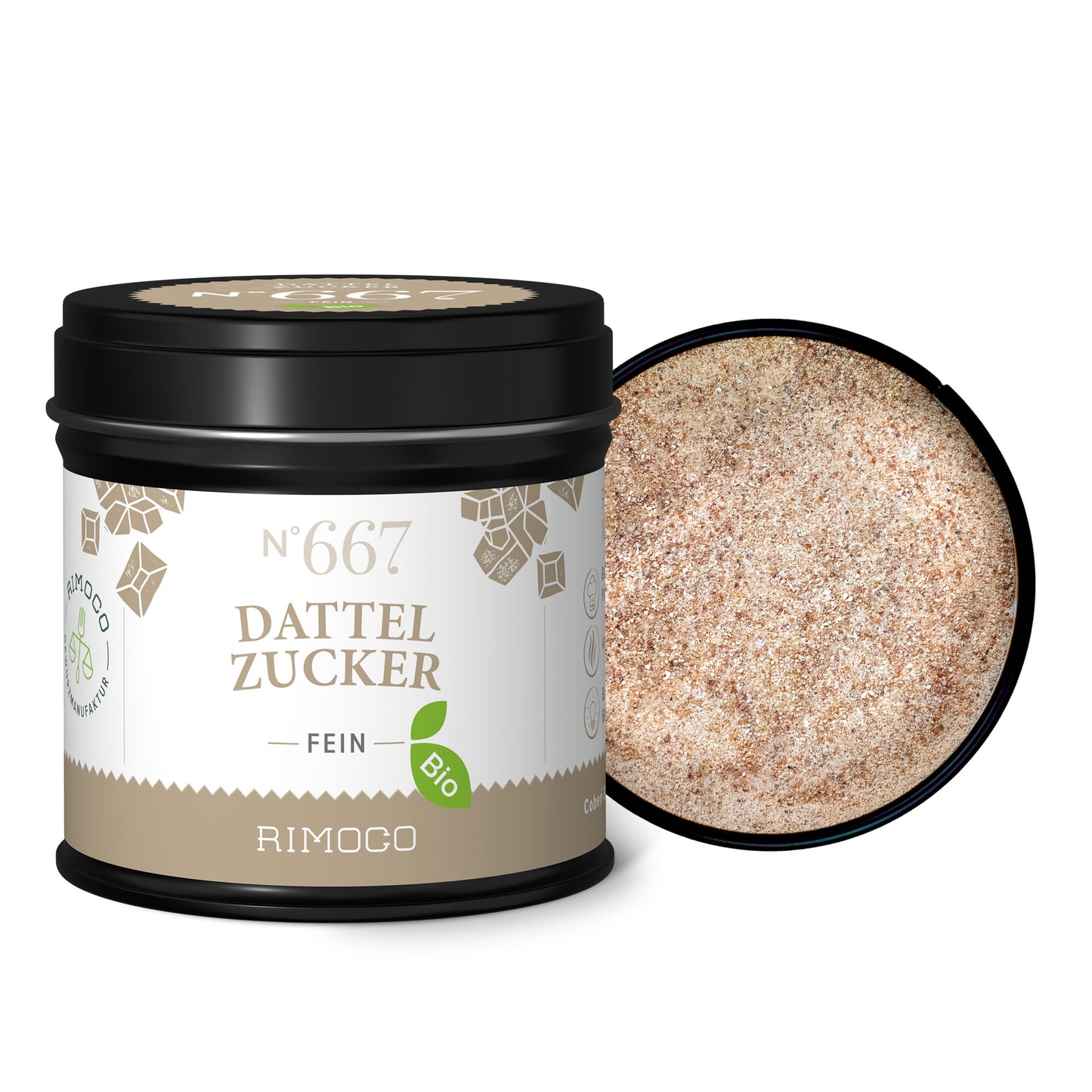 Dattel Zucker Dose, daneben feiner, hellbrauner Bio Dattelzucker.
