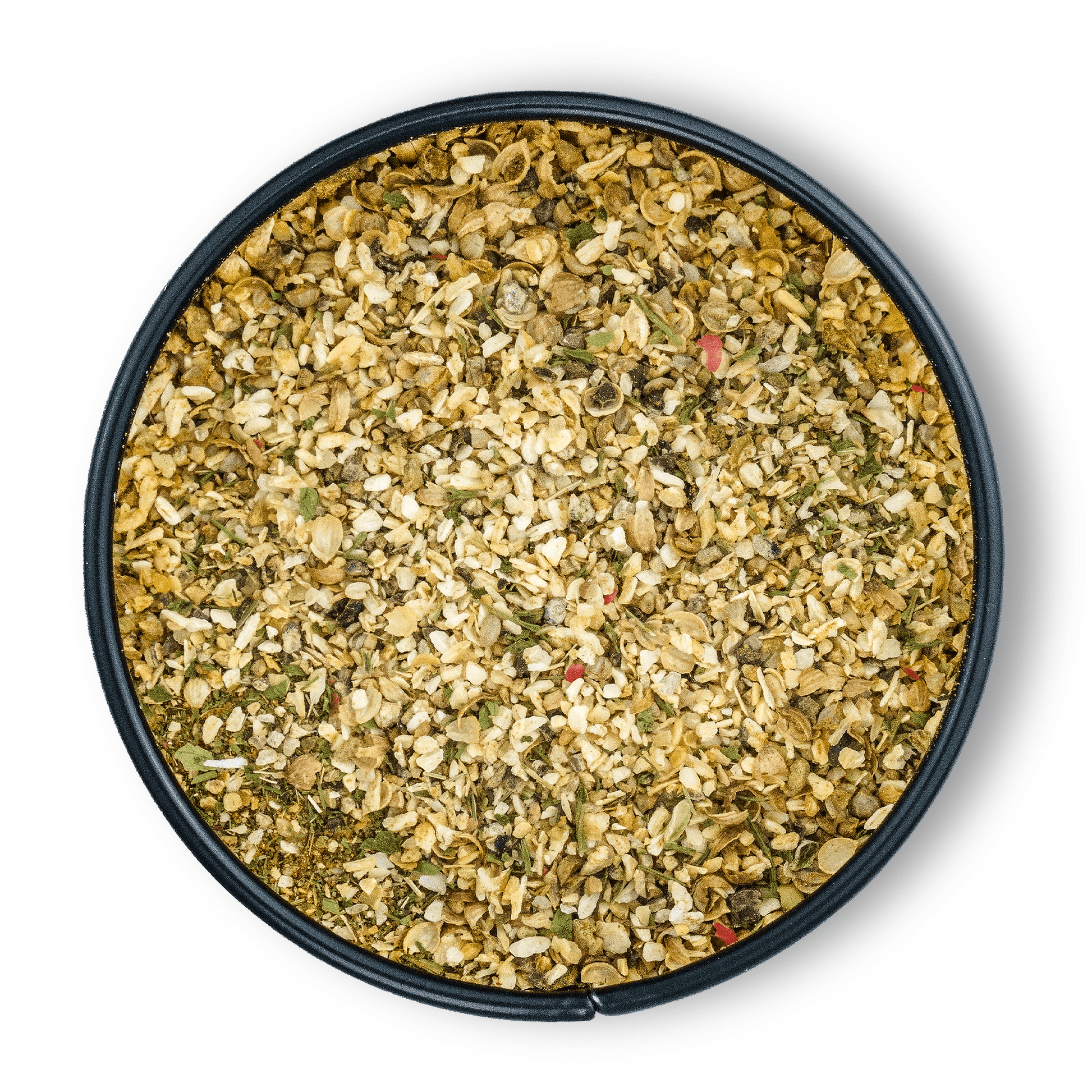 Runde schwarze Dose mit Bio Fischgewürz, gefüllt mit getrocknetem Knoblauch und Kräutern, von oben.