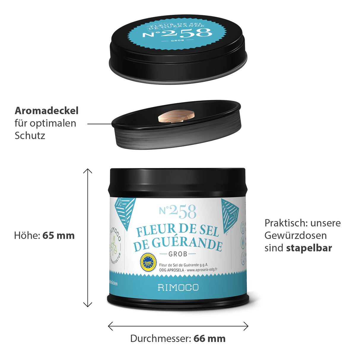 Fleur de Sel de Guérande in einer zylindrischen Dose mit separatem schwarzem Deckel.
