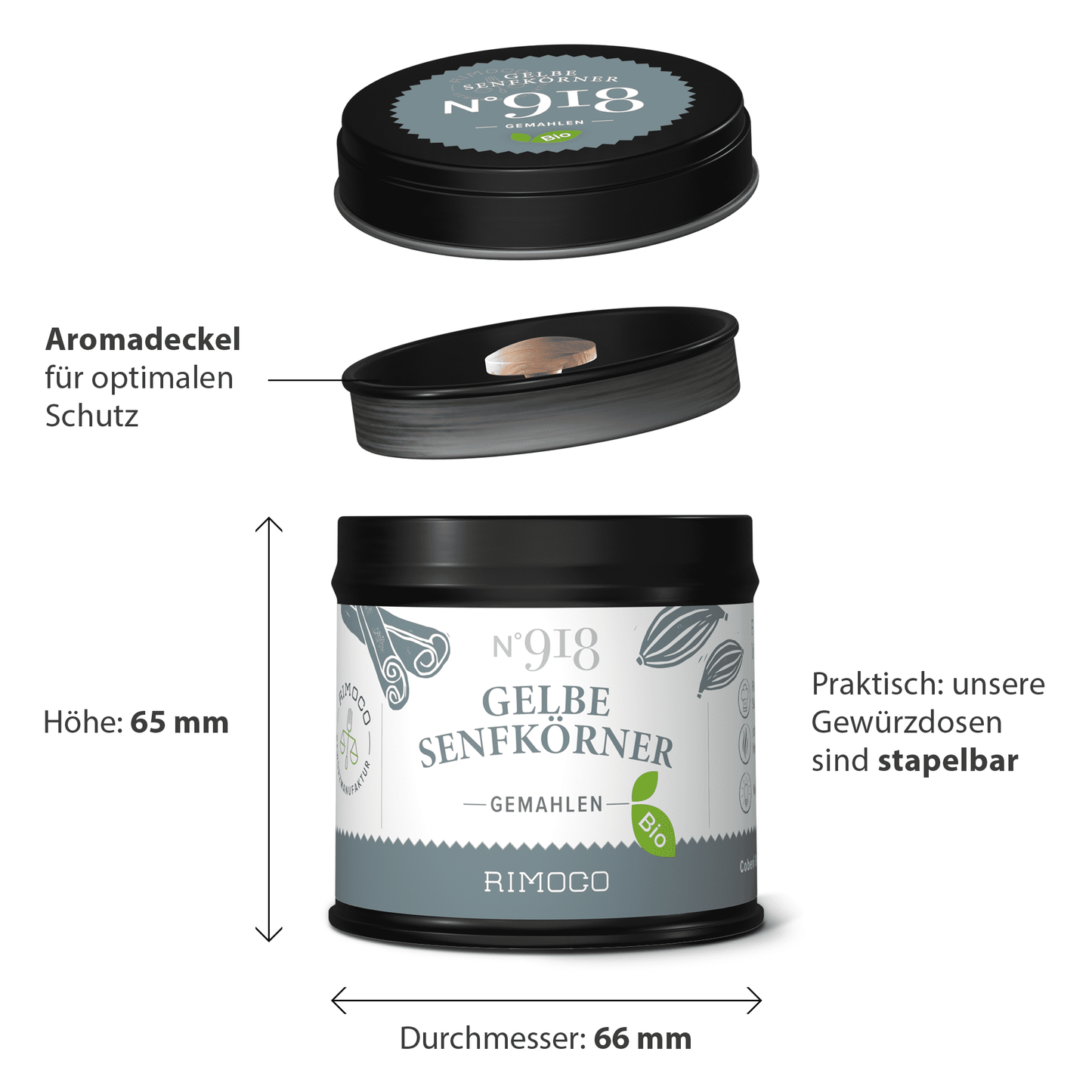 Schwarze runde Dose mit Aufschrift Bio Gelbe Senfkörner gemahlen auf weißem Etikett.