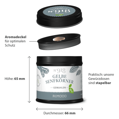 Schwarze runde Dose mit Aufschrift Bio Gelbe Senfkörner gemahlen auf weißem Etikett.