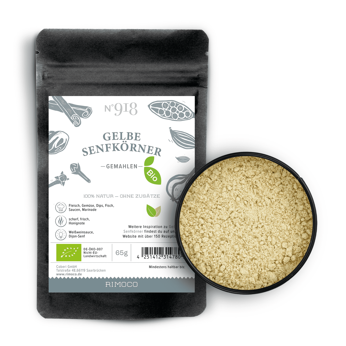 Gemahlene Bio-Gelbe Senfkörner im Beutel neben gelbem Senfmehl, beide Produkte sichtbar.