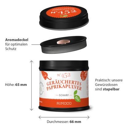 Runde Dose mit schwarzem Deckel, Aufschrift: Bio Geräuchertes Paprikapulver scharf.