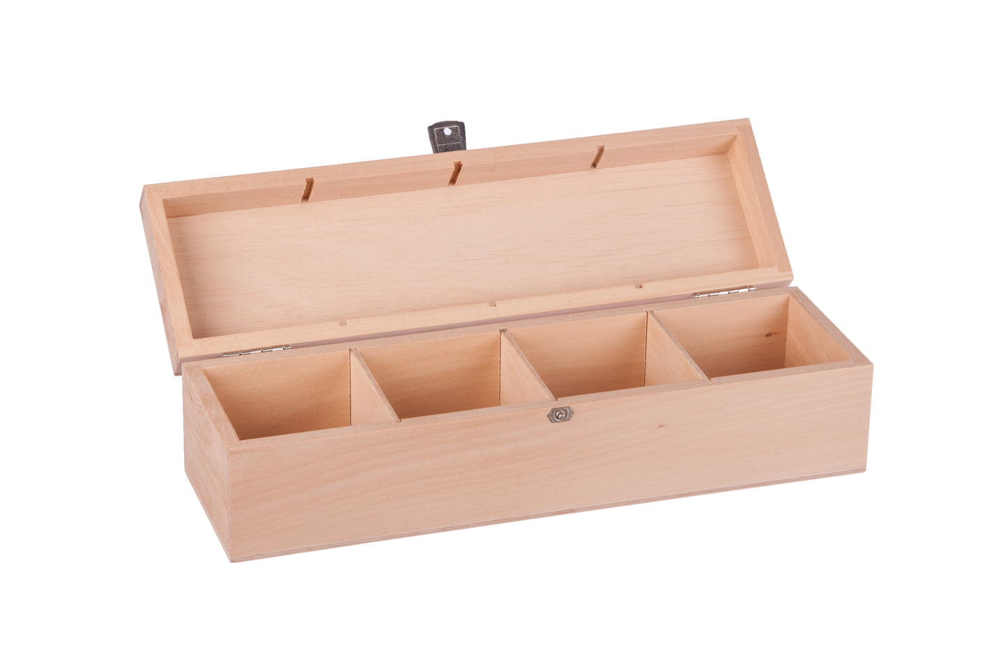 Geschenkbox mit vier sichtbaren Fächern und Klappdeckel auf weißem Hintergrund.