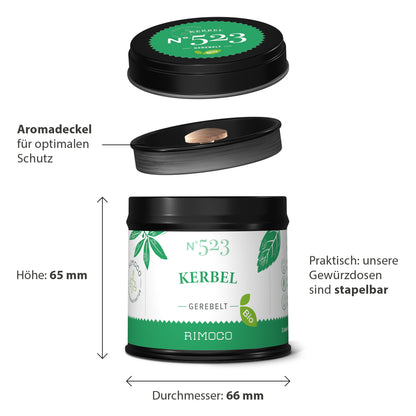 Bio Kerbel, runde Dose mit grünem Etikett und schwarzem Deckel, stapelbar.