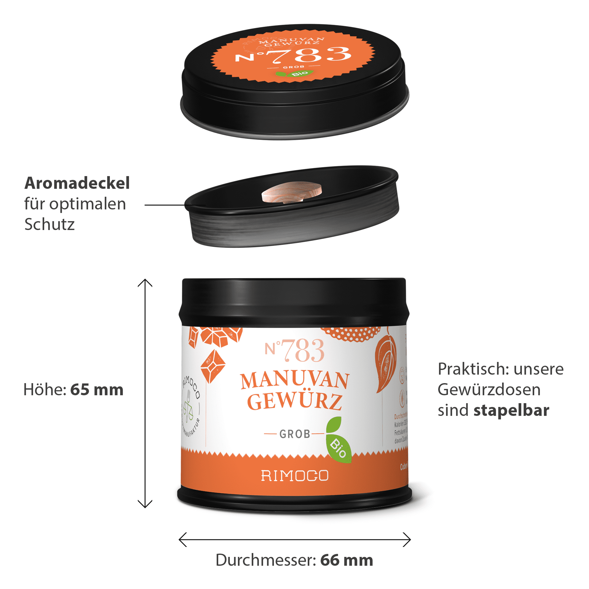 Runde schwarze Bio Manuvan Gewürzdose mit orangem Etikett, offen, geschlossen und gestapelt zu sehen.