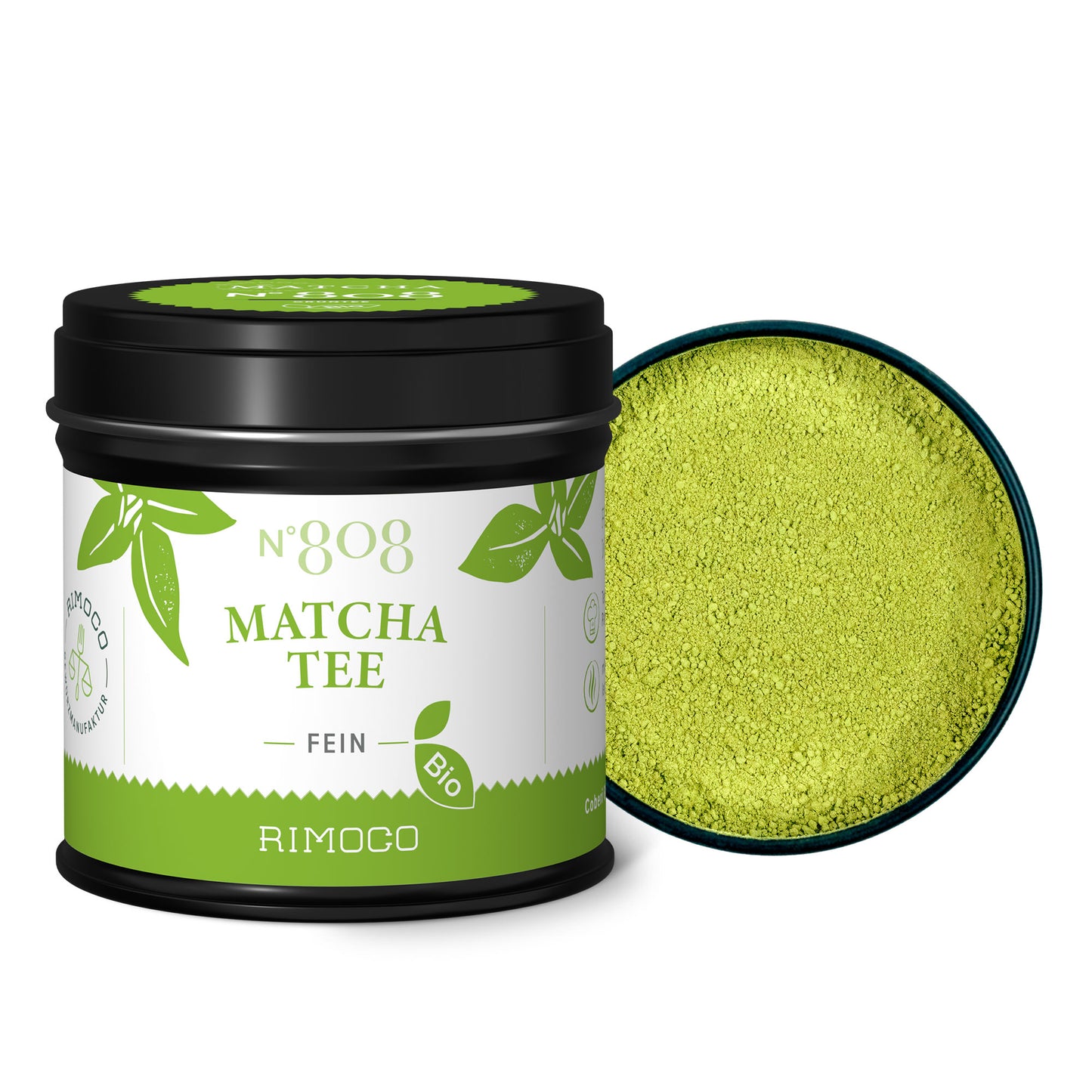 Bio Matcha Tee mit offenem Deckel, darin leuchtend grünes Pulver sichtbar.