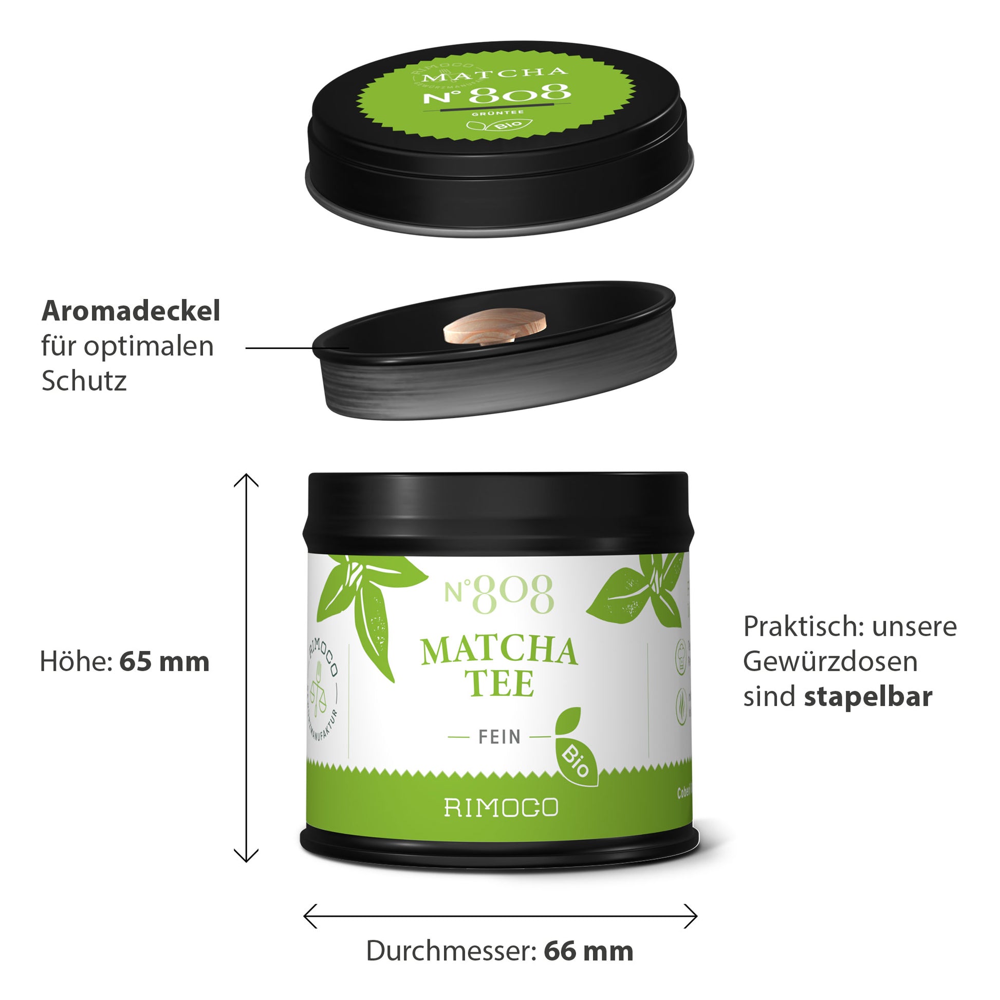 Bio Matcha Tee Dose, zylindrisch, stapelbar, mit abgebildeten Maßen.