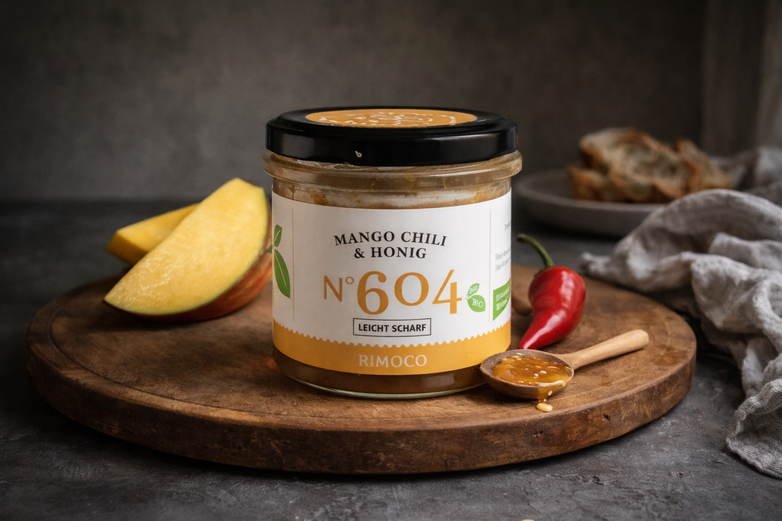 Ein Glas Mango-Chili-Honig auf einem Holzbrett, im Hintergrund frische Mango, Chili und Brot.