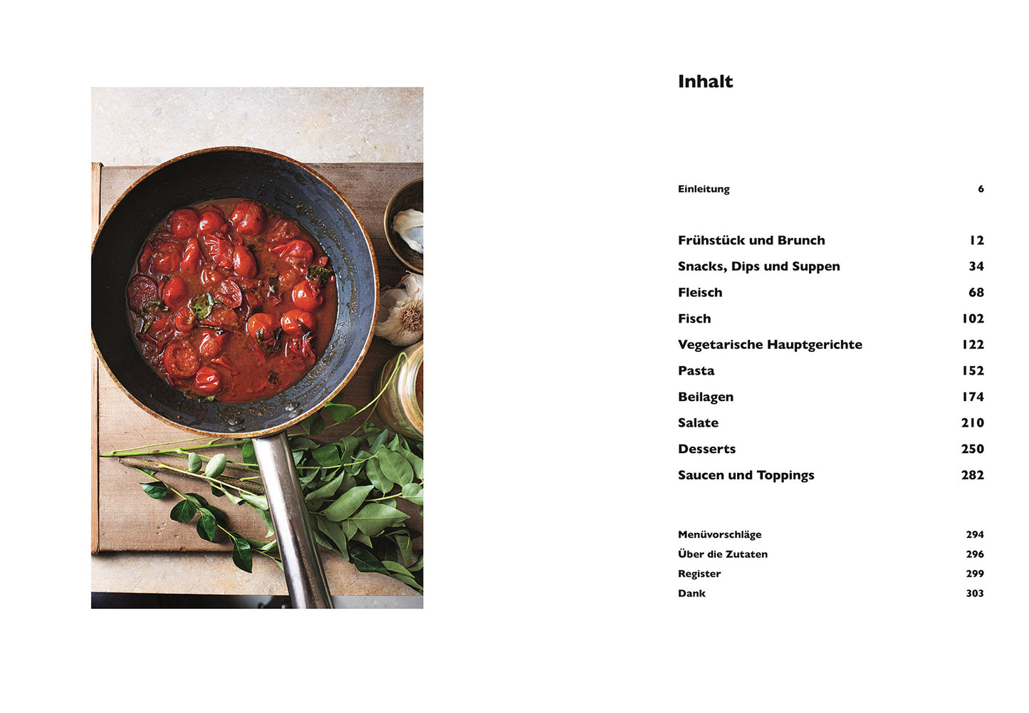 Kirschtomaten mit Kräutern in einer Pfanne neben dem Inhaltsverzeichnis von „Ottolenghi Simple Too“.