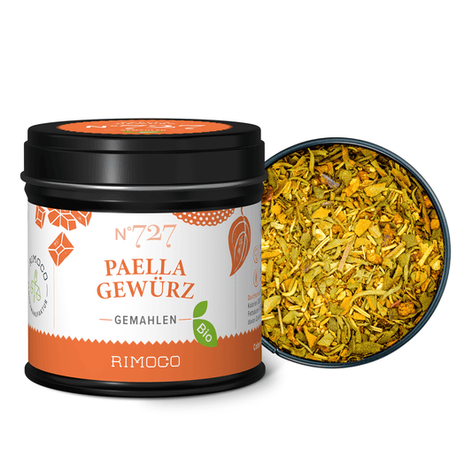 Bio Paella Gewürz in einer Dose, sichtbar als feine, gemahlene Gewürzmischung.