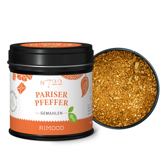 Geöffnete Dose mit Bio Pariser Pfeffer zeigt eine orangebraune, gemahlene französische Gewürzmischung.
