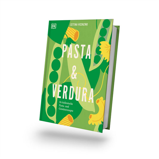 Pasta & Verdura Kochbuch mit italienischen Rezepten, grüner Pasta, Erbsen und Blattgemüse auf dem Cover.