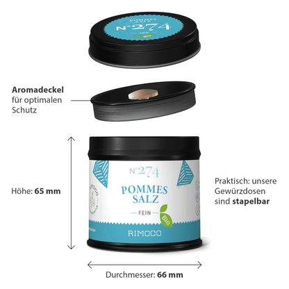 Bio Pommes Salz stapelbare Dose mit Aromadeckel und klassischer Gewürzmischung, Frontalansicht.