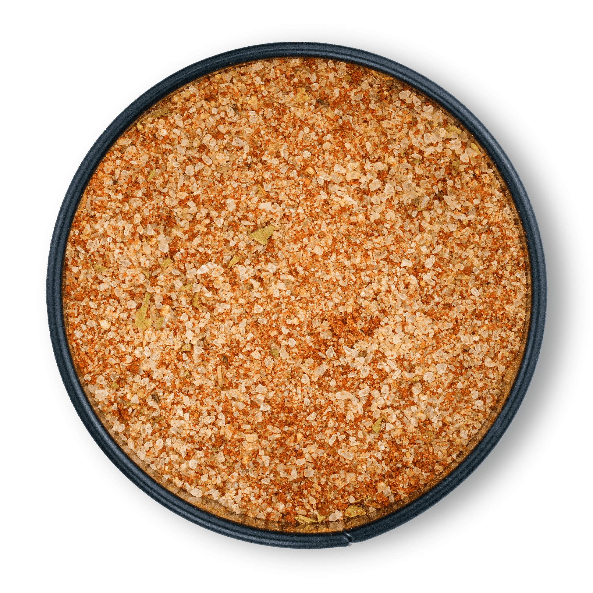 Bio Pommes Salz in runder schwarzer Dose, grobkörnig, Draufsicht.