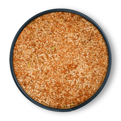 Bio Pommes Salz in runder schwarzer Dose, grobkörnig, Draufsicht.