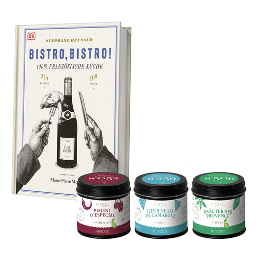 Drei Gewürzdosen, darunter Fleur de Sel de Camargue; dahinter ein Geschenkset Bistro.