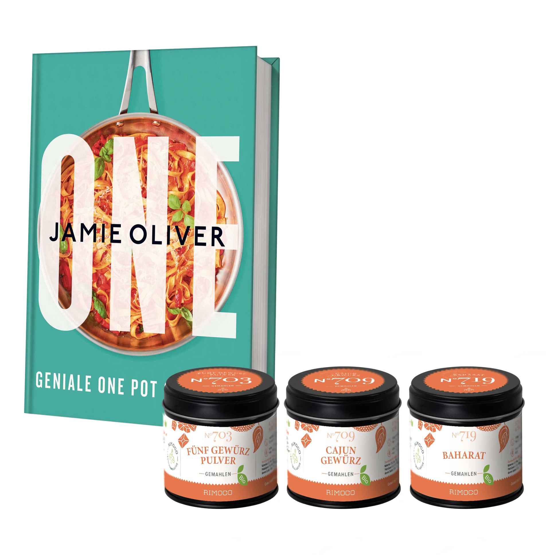 Jamie Oliver Geschenkset ONE mit Bio Fünf Gewürz Pulver und Bio Cajun Gewürz vorne im Bild.