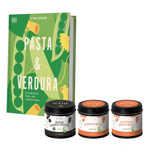 Geschenkset Pasta & Verdura mit Bio Kampot Pfeffer als Körner und Rosenharissa, nebeneinander angeordnet.