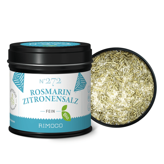 Dose Bio Rosmarin Zitronensalz ohne Deckel, grobes Kräutersalz innen sichtbar.
