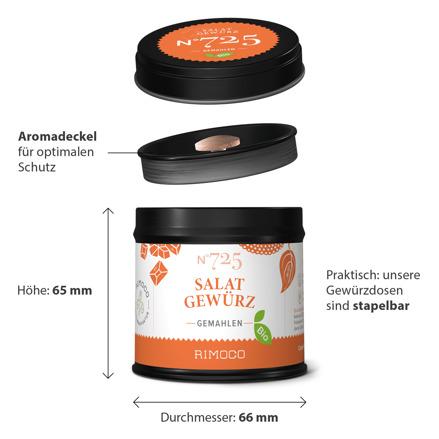 Runde orange Dose mit Aufschrift Bio Salatgewürz und schwarzem Deckel.