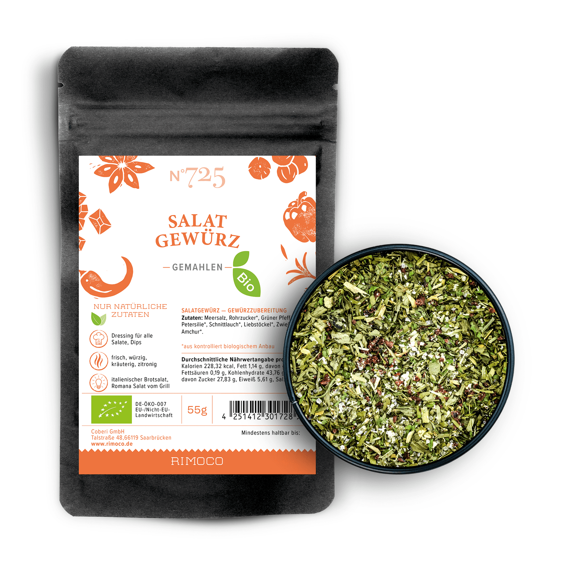 Eine Packung und eine Schale Bio Salatgewürz aus Kräutern für Salate.